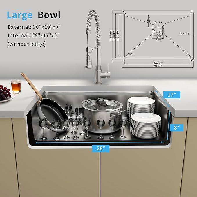 30 Inch Undermount Kitchen Sink,16 Gauge Stainless Steel Kitchen Sink Single Bowl, 30"x19"x9" Undermount Sink Ledge Workstation Sinks With All Accessories, Multi-Functional Workstation Sinks