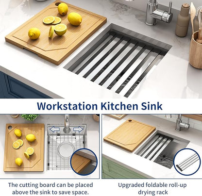 LQS 13 Inch Undermount Bar Sink, Stainless Steel RV Kitchen Sink, 10" Depth Small RV Kitchen Sink, 16 Gauage Stainless Steel Material, Workstation Ledge With Cutting Board and Abundant Accessories