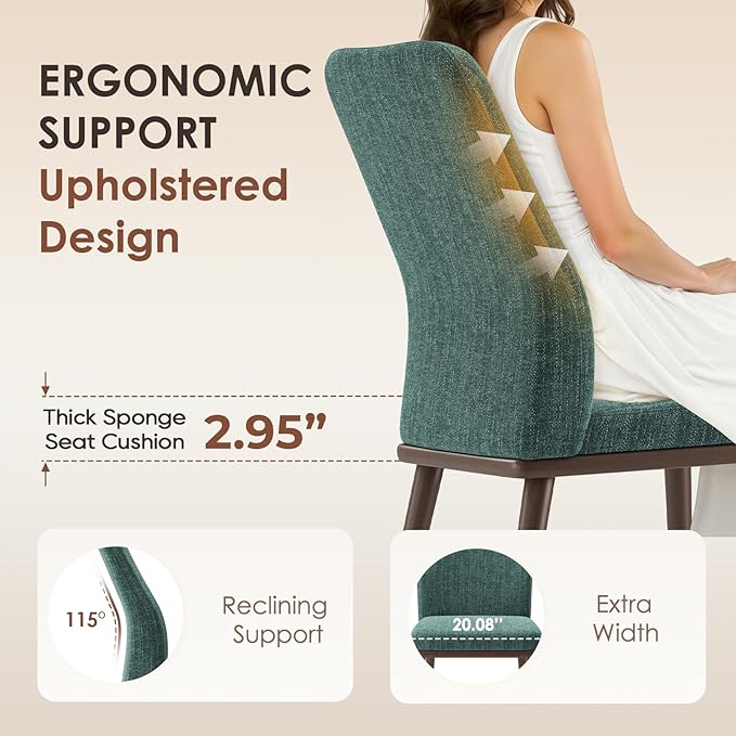 MALOL Upholstered Dining Chairs Set of 2, Modern Kitchen Chairs with High Back, Padded Fabric Dining Room Chair with Solid Wood Legs for Restaurant/Cafe/Home, Green