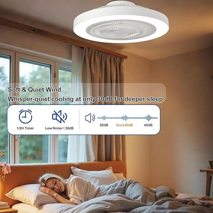 Depuley Modern Ceiling Fan with Light: 19" Bladeless Flush Mount Low Profile LED Ceiling Fans with Remote & Smart APP Control - White Enclosed Fandelier Dimmable Quiet DC Motor for Bedroom Kids Room