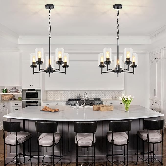 5-Light Farmhouse Glass Chandelier, Modern Black Chandelier for Dining Room Island Lights Industrial Hanging Foyer Lighting Fixtures Chandeliers for Entryway Kitchen Living Room Adjustable Height