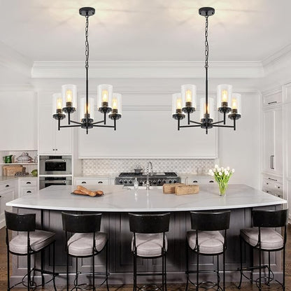 5-Light Farmhouse Glass Chandelier, Modern Black Chandelier for Dining Room Island Lights Industrial Hanging Foyer Lighting Fixtures Chandeliers for Entryway Kitchen Living Room Adjustable Height