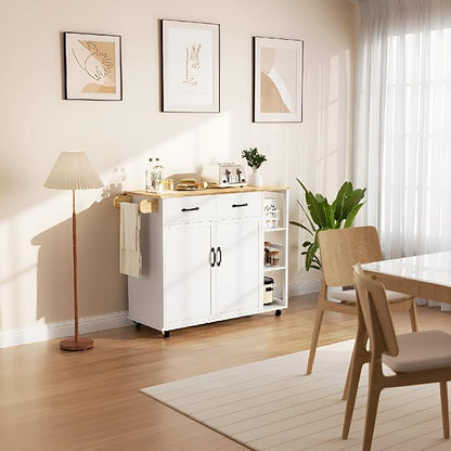 IDEALHOUSE Rolling Kitchen Island Cart with Drop Leaf, Kitchen Storage Cabinet On Wheels with 2 Drawers, 3 Open Spice Racks and Towel Rack,White