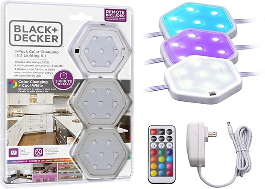 PureOptics LED Color Changing LED Puck Light Kit with Remote, Tool-Free Install, Dimmable, 3-Pack, RGBW (Red, Green, Blue, Cool White), (LEDUC-PUCK-3RGB)