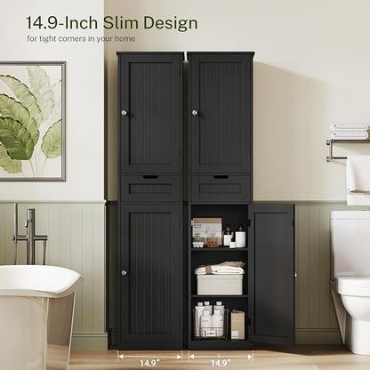 TEENFON 67" H Tall Storage Cabinet with 2 Doors and 1 Drawer, Narrow Black Cabinet with Adjustable Shelves, for Bathroom, Living Room, Entryway, Kitchen, Black