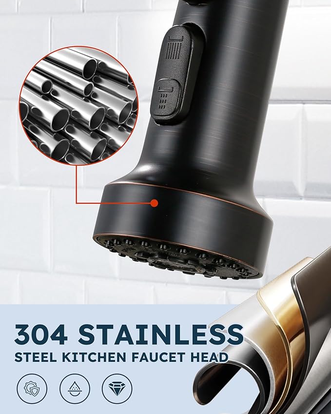Stainless Steel Kitchen Faucet Head: ARCORA 3-Function Kitchen Faucet Head Replacement with 13 Adapters - Oil Rubbed Bronze Pull Down Spray Head Compatible with Moen, Delta, American Standard Faucets