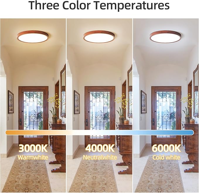 HEYAN Walnut Wood Flush Mount Ceiling Light Fixture,16 Inch Dimmable LED Ceiling Light with 3000K-4000K-6000K Selectable Flat Low Profile Round Ceiling Lights for Bedroom Hallway Laundry (1 Pack)