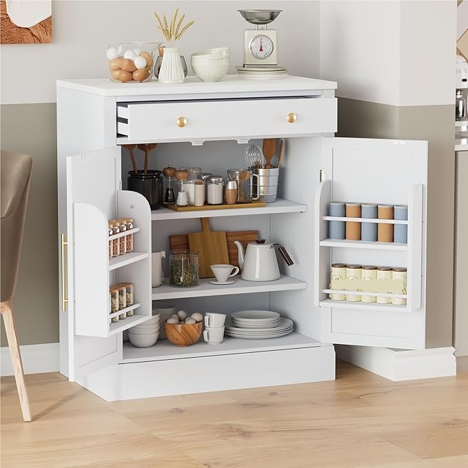 Modern Freestanding Kitchen Pantry Buffet Food Storage and Coffee Station Cabinet with Drawer 2 Adjustable Shelves and 2 Door Shelves Practical(White)