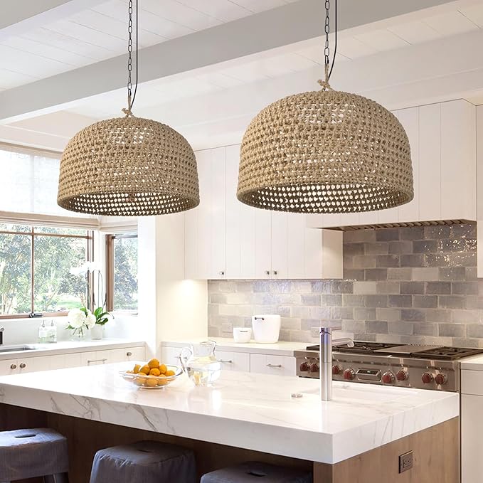 Arturesthome Rustic Woven Dome Pendant Light, Hemp Rope Basket Lampshade Coastal Hanging Lighting Fixture, Adjustable Vintage Farmhouse Chandelierfor Kitchen Island Dining Table Room W 21.6"*H 13.7"