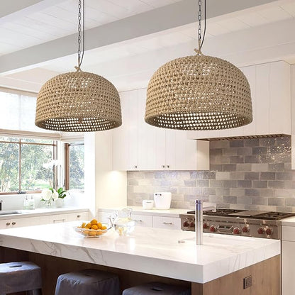 Arturesthome Rustic Woven Dome Pendant Light, Hemp Rope Basket Lampshade Coastal Hanging Lighting Fixture, Adjustable Vintage Farmhouse Chandelierfor Kitchen Island Dining Table Room W 21.6"*H 13.7"