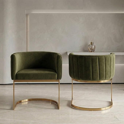 Hyfirm Olive Green and Gold Modern Barrel Dining Chairs Set of 2, Velvet Upholstered Accent Chairs with Curved Back for Kitchen Island, Luxury Comfort Seating Cantilever Metal Frame