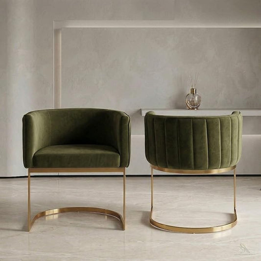 Hyfirm Olive Green and Gold Modern Barrel Dining Chairs Set of 2, Velvet Upholstered Accent Chairs with Curved Back for Kitchen Island, Luxury Comfort Seating Cantilever Metal Frame