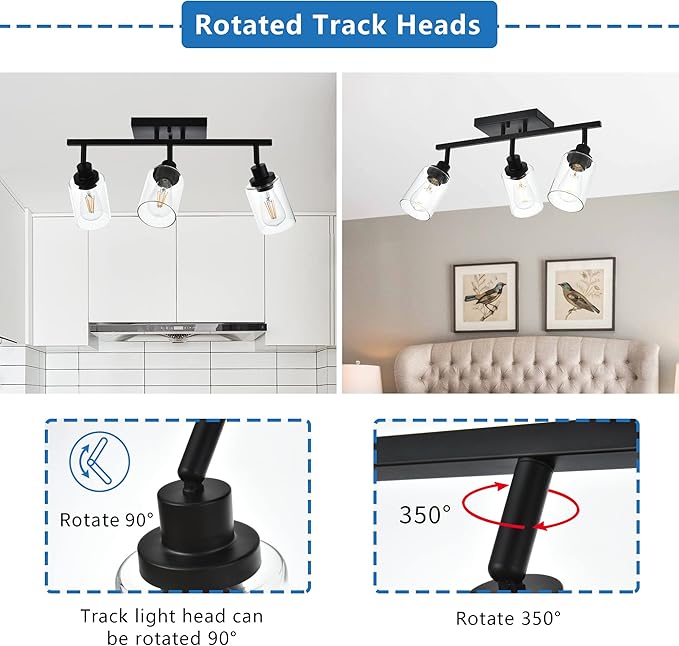 MELUCEE 3 Light 20.5 Inch Bathroom Vanity Light Black Track Lighting Fixtures Ceiling, Vanity Lighting Fixtures with Rotatable Track Head for Hallway Porch Foyer Bath Storage, Clear Glass Shade
