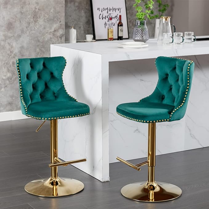 LUMISOL 2 Piece Swivel Velvet Bar Stools, Modern Upholstered Chrome Base Bar Stools with Backs Comfortable Tufted for Home Pub and Kitchen Island, Adjustable Seat Height from 25”-33”, Green
