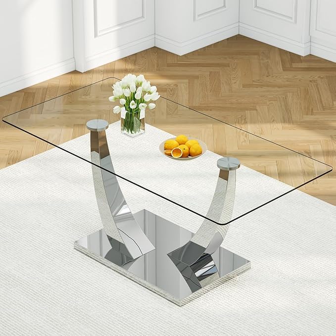 71” Glass Dining Table for 6-8, Modern Dining Room Table with 0.4” Thick Tempered Glass Top, Sturdy Silver Kitchen Table with Metal U-Shaped Legs for Kitchen Dining Room