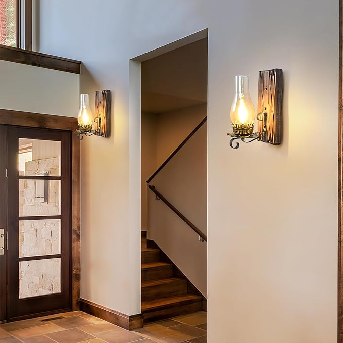 Rustic Wall Sconces Sets of 2, Oil Rubbed Bronze Wall Sconce Indoor Retro Wall Lamps with Amber Glass E12 Wood Bedside Wall Light Fixture for Hallway Living Room Bedroom Fireplace