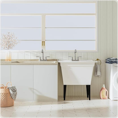 Phiestina Brushed Nickel Utility Sink Faucet 3 Hole, Laundry Sink Faucet with Pull Out Sprayer, Long Spout Dual Handle Modern Bathroom Faucet, 4 Inch CenterSet Room Sink Faucets, LF36CL-2M-BN