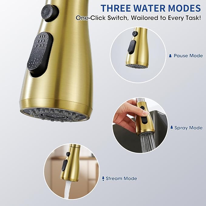 Brushed Gold Kitchen Faucets with Pull Down Sprayer, High Arc Single Handle Stainless Steel 1 or 3 Hole Utility Modern Faucet for Kitchen Sink, Suitable for Bar Laundry RV Farmhouse Camper