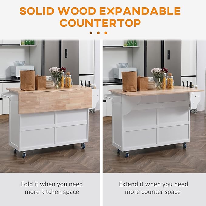 GOWE Rolling Kitchen Island on Wheels, Kitchen Cart with Solid Wood Drop Leaf Breakfast Bar, Storage Drawers, 4-Door Cabinets, Spice Rack, White