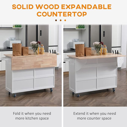GOWE Rolling Kitchen Island on Wheels, Kitchen Cart with Solid Wood Drop Leaf Breakfast Bar, Storage Drawers, 4-Door Cabinets, Spice Rack, White