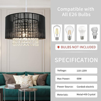 TISLYCO Plug in Chandelier, Crystal Chandelier Lighting with Long Cord 15ft and On/Off Switch, Hanging Pendant Light Plug in, Hanging Lamps That Plug into Wall Outlet for Bedroom Living Room
