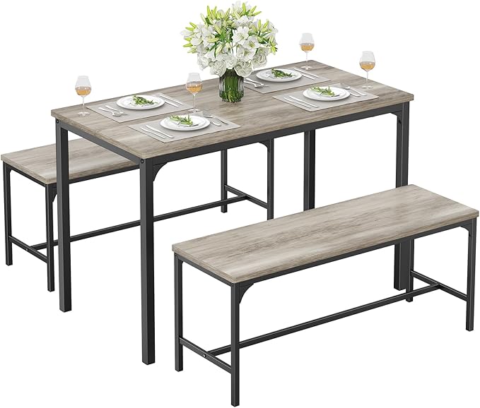 DUMOS Dining Table, Dining Table Set for 4 with Bench, Easy to Assemble Kitchen Table, Space-Saving Ideal 4-Person Set for Dining Room Kitchen Apartment Corner Gray 3 Pack