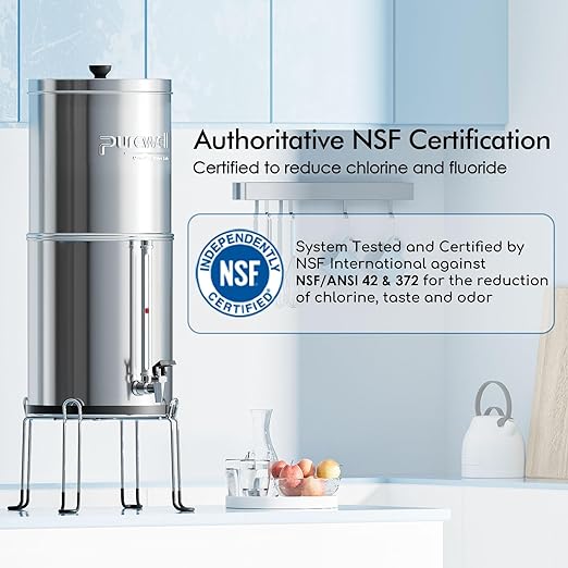Purewell 8-Stage Gravity Fed Water Filter System, 2.25 Gallon Stainless Steel Countertop System with 4 Filters, Metal Water Level Spigot and Stand, Reduce Fluoride and Chlorine, PW-OBT-CF