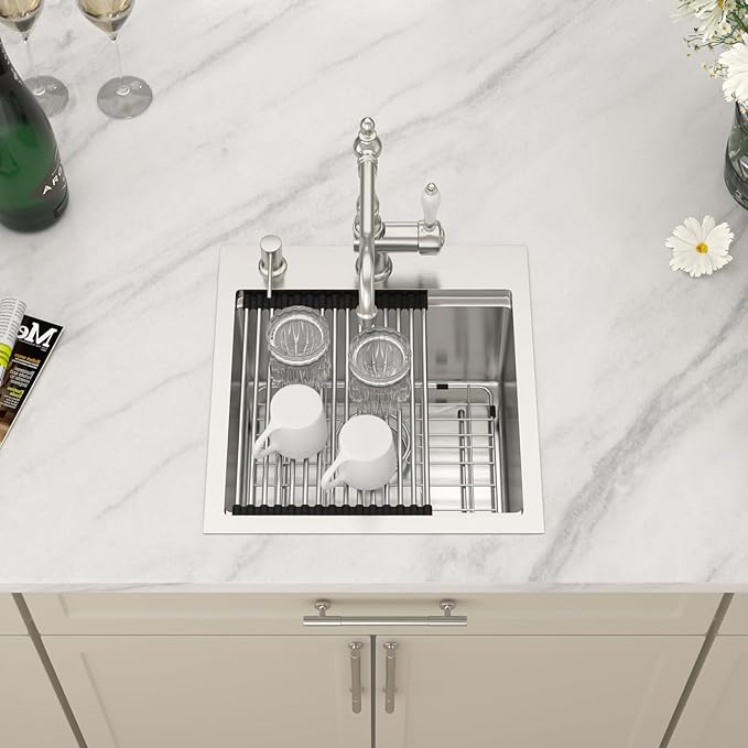 Dcolora Drop In Bar Sink 17x18x9 Inches, Workstation with Accessories, Brushed 304 Stainless Steel, Heavy Duty 16 Gauce, Small Single Bowl Perfect for Small Kitchen, Bar, Kitchen Island #DC-TW258003