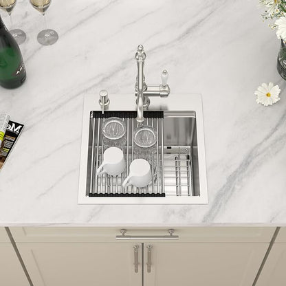 Dcolora Drop In Bar Sink 17x18x9 Inches, Workstation with Accessories, Brushed 304 Stainless Steel, Heavy Duty 16 Gauce, Small Single Bowl Perfect for Small Kitchen, Bar, Kitchen Island #DC-TW258003