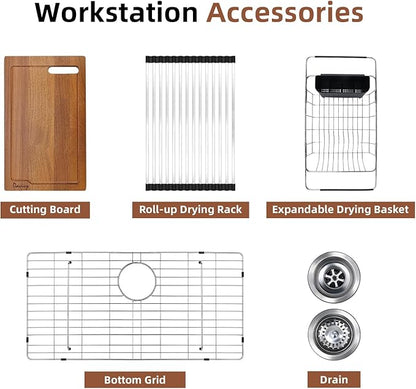 Davivy 30 Inch White Granite Composite Sink Workstation, 30 X 18 White Undermount Kitchen Sink, Dual Mount Installation, Deep Single Bowl with Accessories