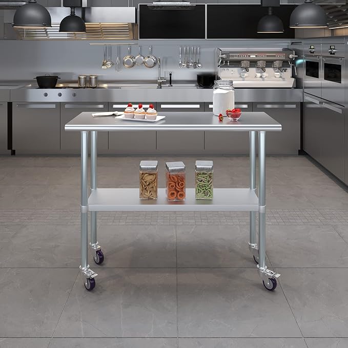 Stainless Steel Work Table with Wheels | NSF Kitchen Island Food Prep | Laundry Garage Utility Bench (Table + Wheels, 48" Long x 18" Deep)