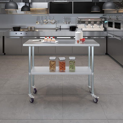 Stainless Steel Work Table with Wheels | NSF Kitchen Island Food Prep | Laundry Garage Utility Bench (Table + Wheels, 48" Long x 18" Deep)