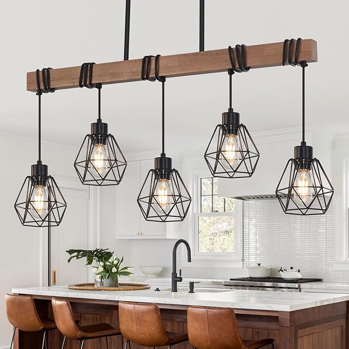 5-Light Kitchen Island Lighting, Farmhouse Chandelier for Dining Room Rustic Wood Ceiling Pendant Light Fixture with Metal Shade, Height Adjustable