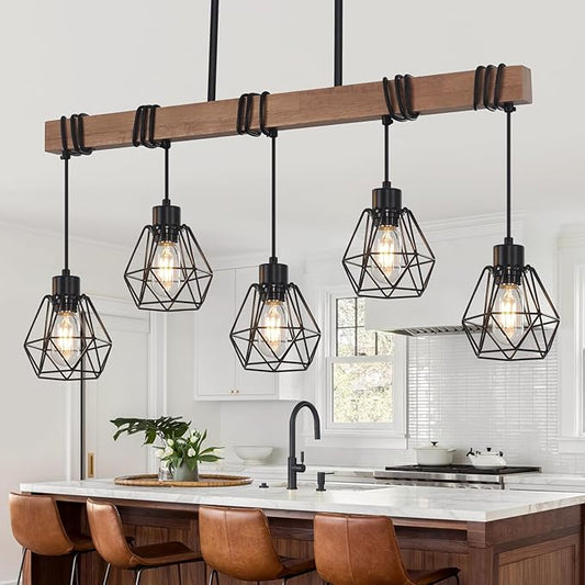 5-Light Kitchen Island Lighting, Farmhouse Chandelier for Dining Room Rustic Wood Ceiling Pendant Light Fixture with Metal Shade, Height Adjustable