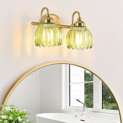 Vintage Bathroom Light Fixtures, Brass Vanity Lights with Green Tulip Glass Shade, Vanity Sconces for Bathroom Bedroom Living Room Hallway, 2-Light