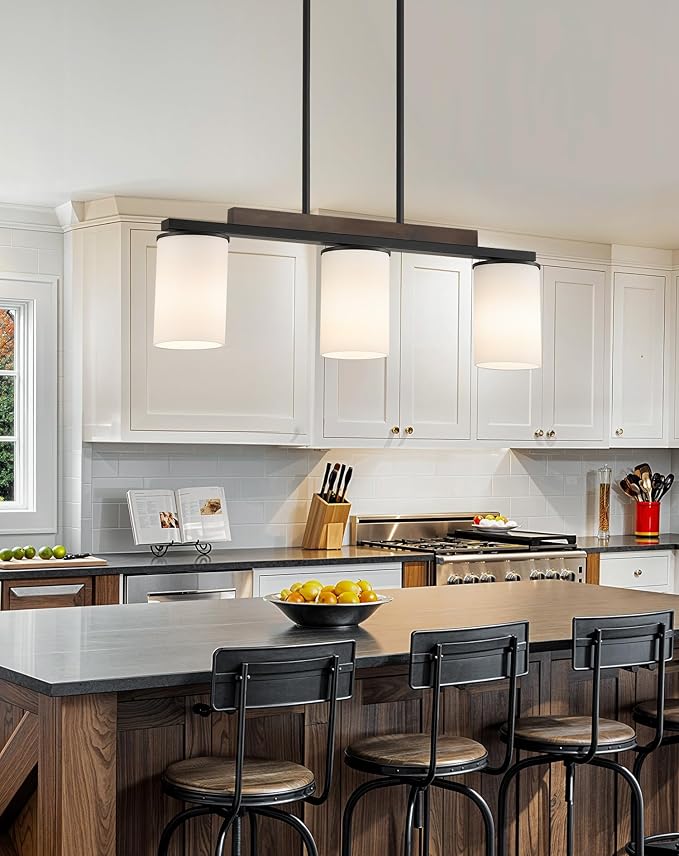 Mecgirn Farmhouse Dining Room Light Fixtures Over Table, Black Pendant Lights for Kitchen Island with Milk Glass Shade, 3 Light Linear Chandelier Lighting with Wood