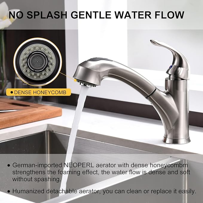 Kitchen Faucet with Sprayer, Brushed Nickel Kitchen Sink Faucet with Pull Out Sprayer, Single Handle 1 Hole Kitchen Faucets Solid Brass Commercial RV Kitchen Faucet 2 Modes & 150°Rotation & No Lead
