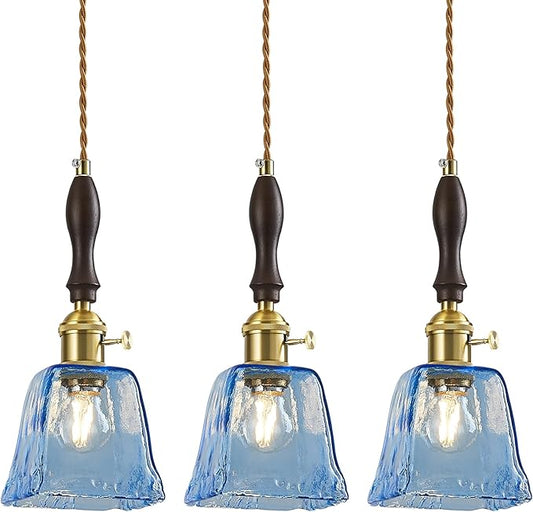 Blue Glass Vintage Pendant Light Height Adjustable Handmade Glass Pendant Lights Kitchen Island Gold Hanging Light Fixture with Wood Handle for Bedroom Dining Room Hotel (3 Pack)