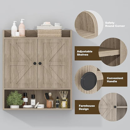 EasyCom 22" W x 26" H Bathroom Wall Cabinet, Farmhouse Medicine Cabinet with Adjustable Shelves and 2 Barn Doors, Over The Toilet Storage Cabinet for Bathroom, Kitchen, Living Room, Oak Grey
