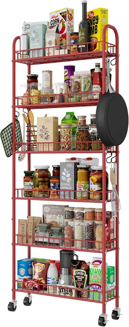 Slim Rolling Storage Cart 6 Tier, Metal Kitchen Rolling Utility Cart with Lockable Wheels for Kitchen, Bathroom, Office, Laundry Room, Small Narrow Spaces (Red 6 Inches)