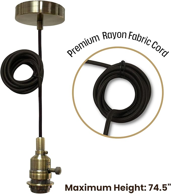 Royal Designs, Inc. Hanging Pendant Lighting, Vintage-Style Keyless Uno Threaded Dimmable Pendant Light Socket and Canopy, Antique Brass with Brown Rayon Fabric Cord