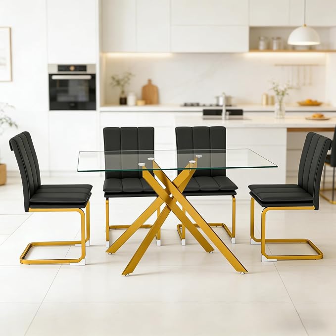 51.18" Rectangular Glass Dining Table, Tempered Glass Small Kitchen Table with Metal Tubular Legs, Stylish and Sturdy Gold Dinner Table for Home and Outdoor