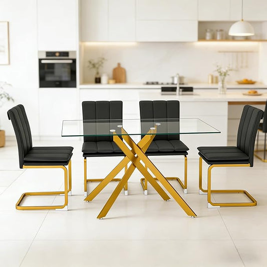 51.18" Rectangular Glass Dining Table, Tempered Glass Small Kitchen Table with Metal Tubular Legs, Stylish and Sturdy Gold Dinner Table for Home and Outdoor