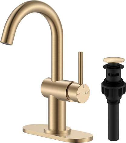 KENES Champagne Bronze Bathroom Faucet 1 Hole, Single Handle Gold Bathroom Sink Faucet for Vanity, Bar Sink Faucet with Drain Assembly & Deck Plate, Farmhouse RV Camper Outdoor Faucet, KE-9005B-CB