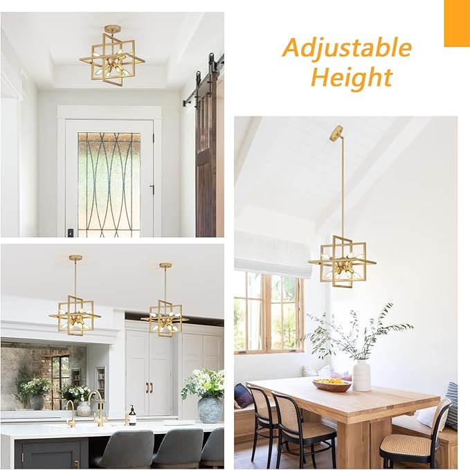 8 Lights Gold Chandelier, Farmhouse Dining Room Light Fixture, Small Modern Chandeliers, Industrial Geometric Hanging Pendant Light for Kitchen Island, Bedroom, Living Room, Foyer, Hallway