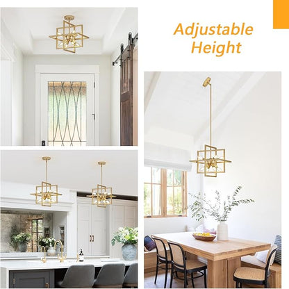 8 Lights Gold Chandelier, Farmhouse Dining Room Light Fixture, Small Modern Chandeliers, Industrial Geometric Hanging Pendant Light for Kitchen Island, Bedroom, Living Room, Foyer, Hallway