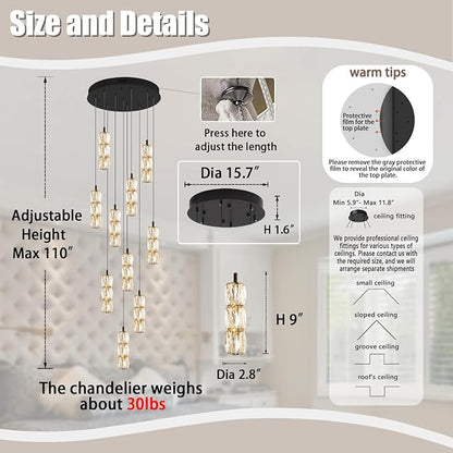 ykolupty Modern Chandelier 10-Lights Black Chandelier Lighting Fixture High Ceiling Chandelier Suitable for Living Room Staircase Villa, TP3030-10H
