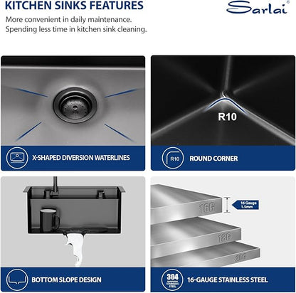 Sarlai Black Undermount Bar Sink With Foldable Faucet - 21x19 Inch Outdoor Black Kitchen Sink RV Workstation 16 Gauge Stainless Steel Single Bowl Handmade Outdoor BBQ Sinks with Lid