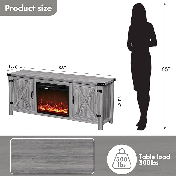 YESHOMY Fireplace TV Stand with Two Barn Doors and Storage Cabinets for Televisions up to 65+ Inch, Entertainment Center Console Table, Media Furniture for Living Room, 58 Inch, Gray