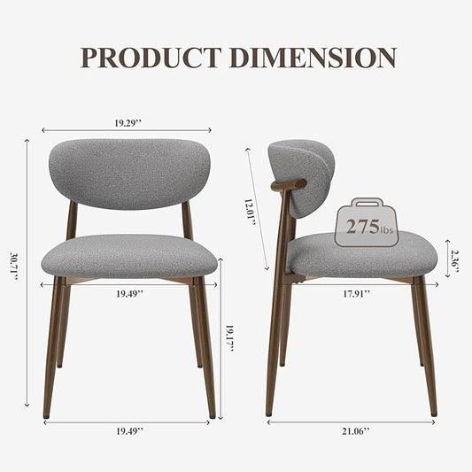 MALOL Upholstered Dining Room Chairs Set of 2, Kitchen Chairs with Metal Legs and Anti Slip Pads, Curved Back Dining Chair for Home and Restaurant Use, Light Grey